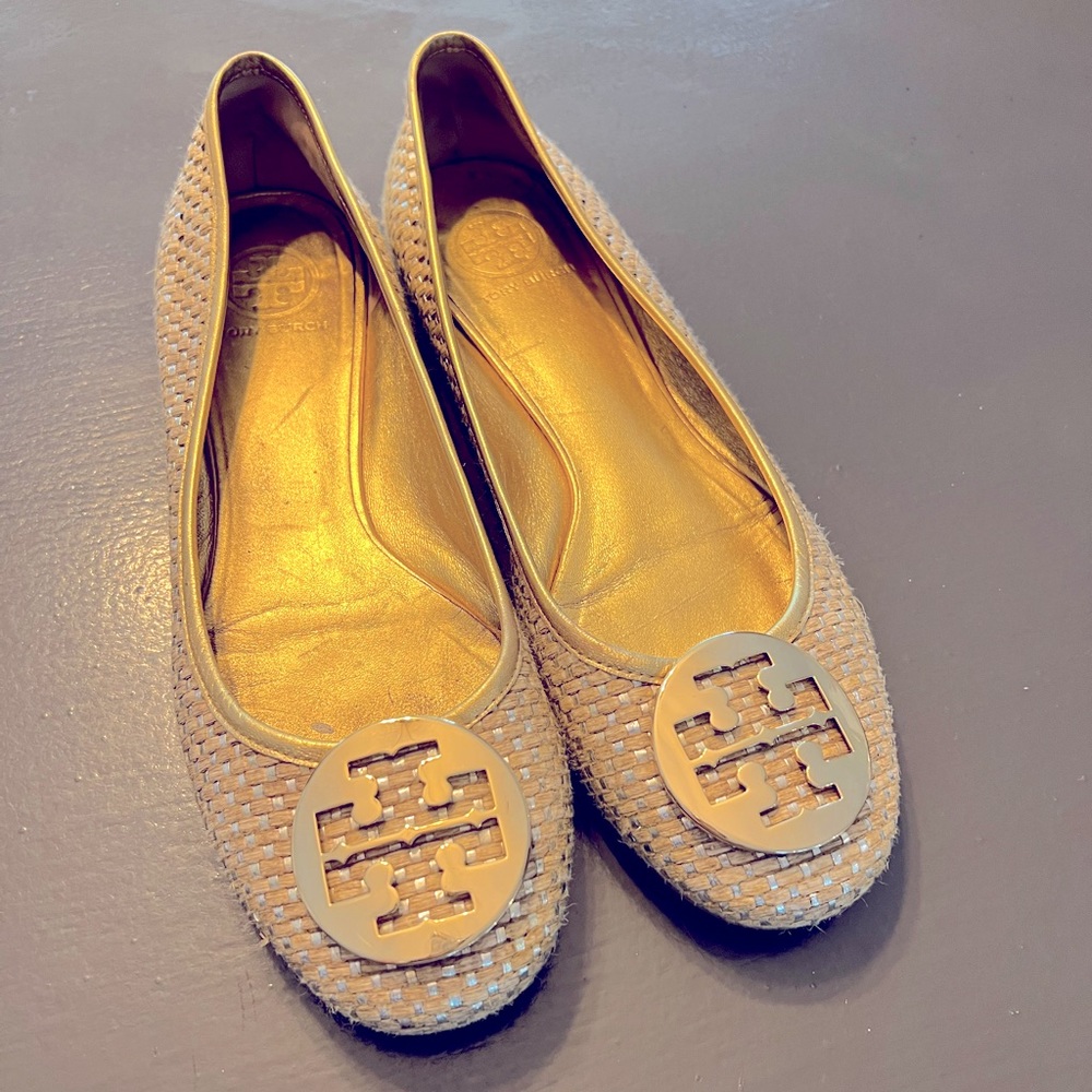 Tory Burch Woven Ballerina Flat Gold size 10